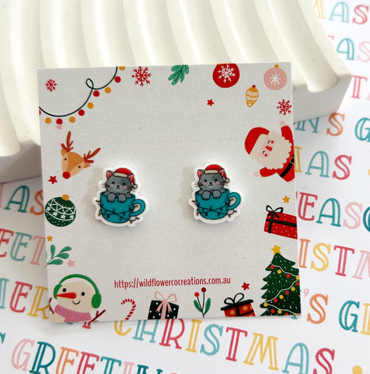 Cat in cup Christmas Studs