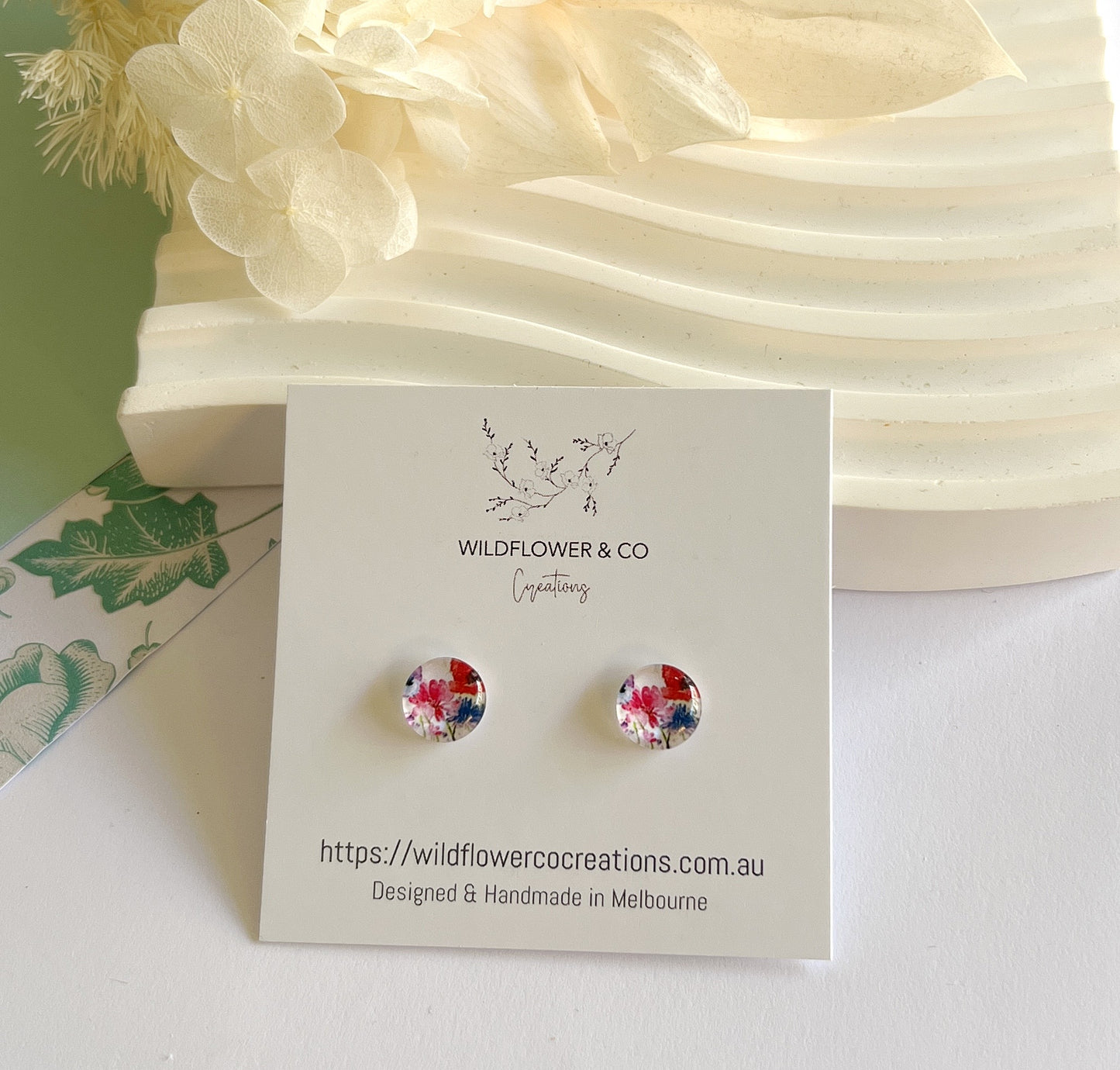 Floral Glass Studs - pink / blue