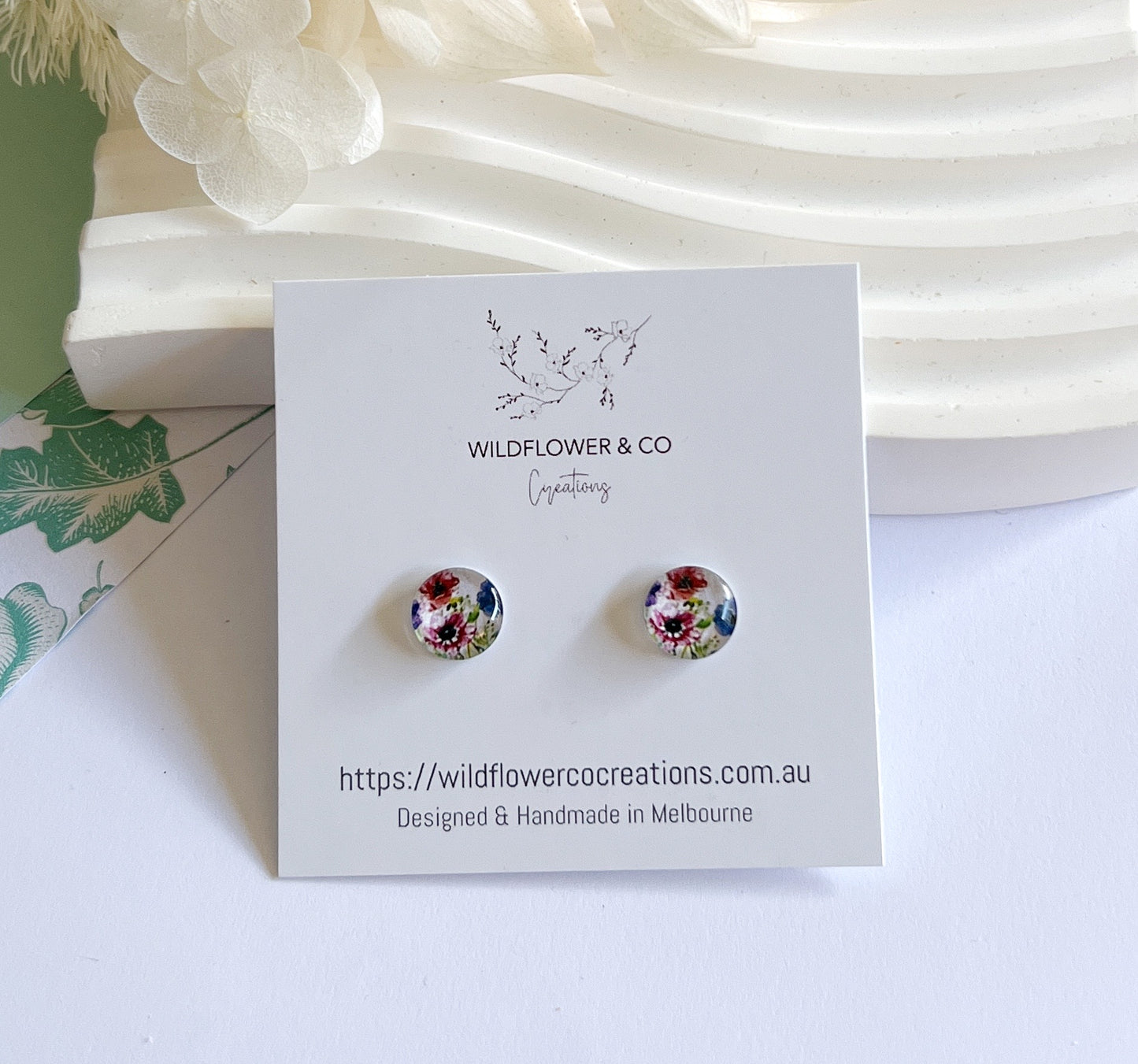 Floral Glass Studs - blue / red / pink