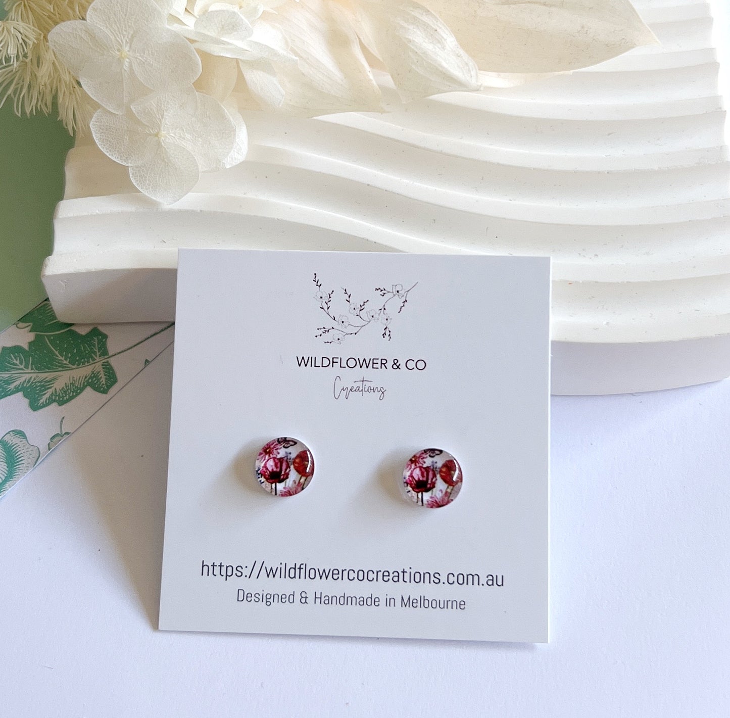 Floral Glass Studs - mixed / red